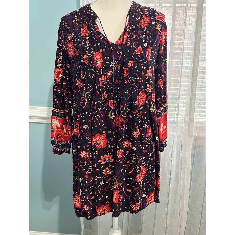 Old Navy Womens Floral Boho Long Sleeve Shift Mini Dress Black Red Medium